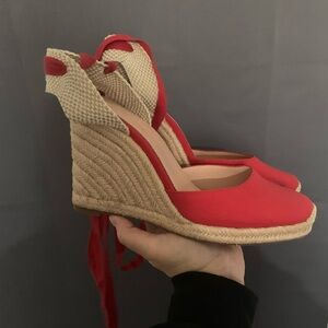 J.Crew red lace up wedge espadrilles